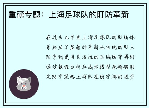 重磅专题：上海足球队的盯防革新