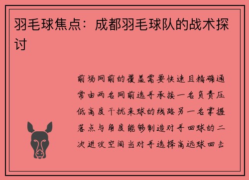 羽毛球焦点：成都羽毛球队的战术探讨